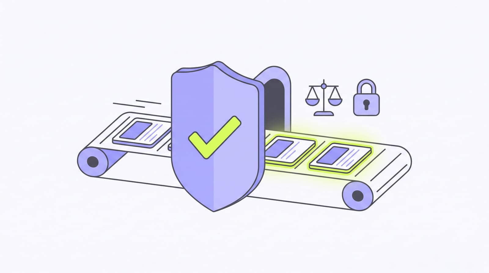 Illustration: a chain of content passes a shield-shaped checkpoint, with a scale and a padlock