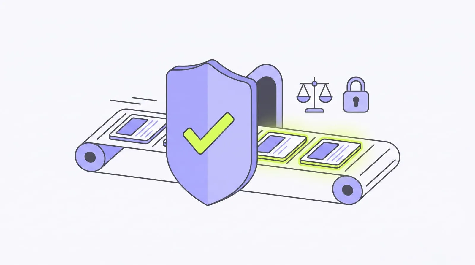 Illustration : une chaîne de contenus passe un point de contrôle en forme de bouclier, avec une balance et un cadenas