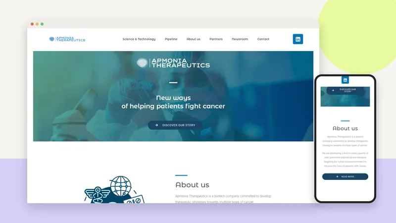 Le site apmonia-therapeutics.com affiché dans une fenêtre de navigateur et sur un téléphone