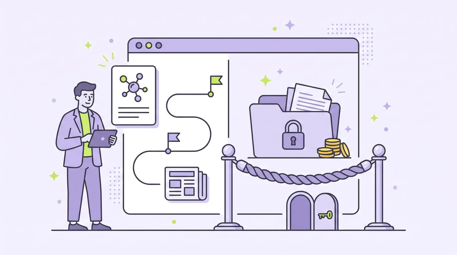 Illustration : une page web partagée par un cordon, avec à gauche la présentation de l'entreprise, ses jalons et ses actualités en libre accès, et à droite un dossier verrouillé avec des documents et des pièces, accessible par une petite porte et une clé