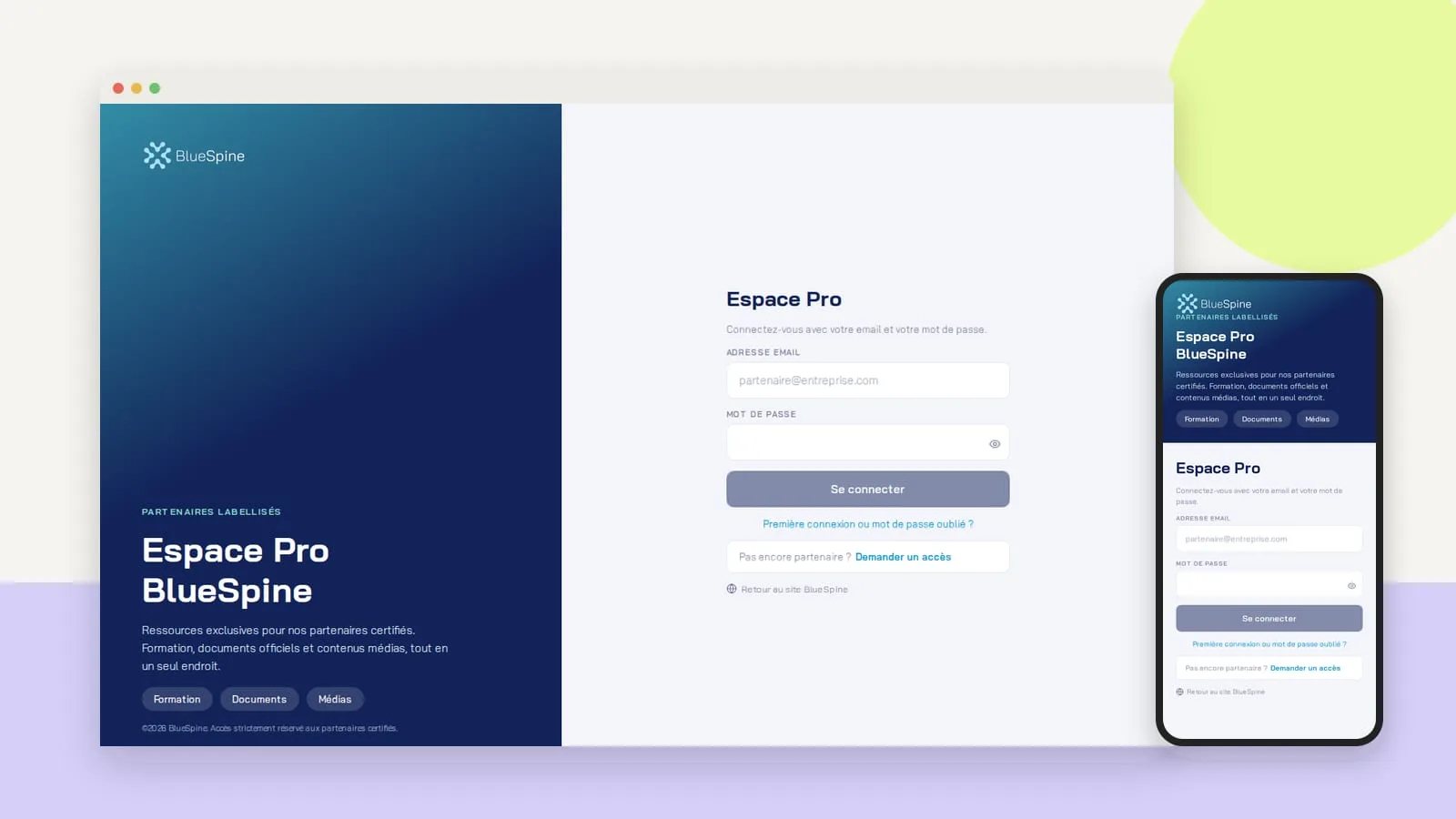 La page de connexion de l’Espace Pro BlueSpine : panneau bleu à gauche, formulaire d’identification à droite