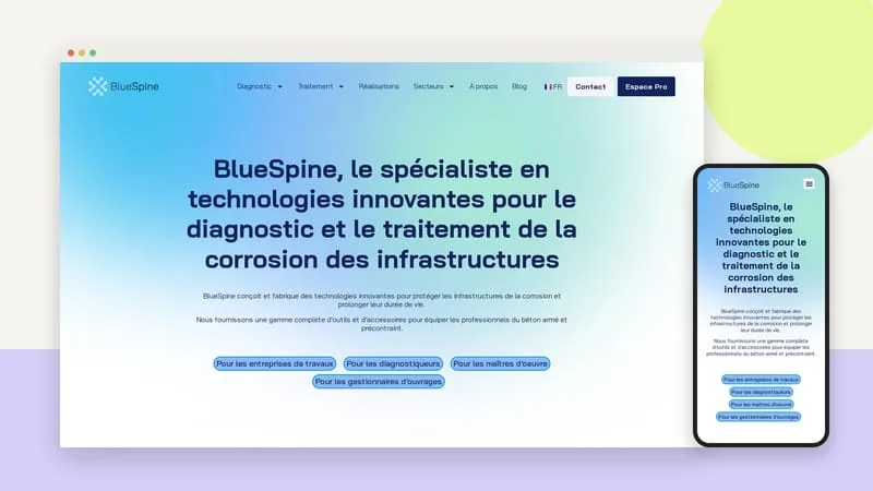 Le nouveau site blue-spine.com affiché dans une fenêtre de navigateur et sur un téléphone