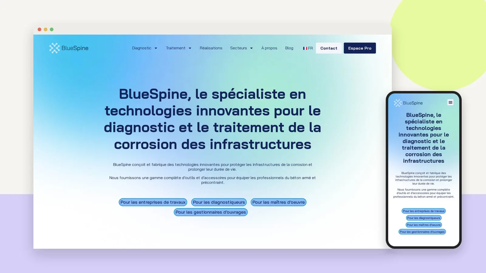 Le nouveau site blue-spine.com affiché dans une fenêtre de navigateur et sur un téléphone