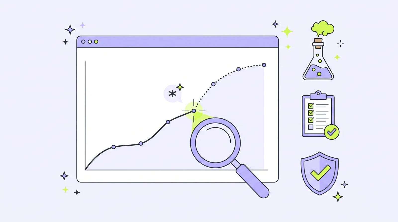 Illustration : une page web affiche une courbe dont la partie mesurée est en trait plein et la projection en pointillés, examinée à la loupe, à côté d'un flacon de laboratoire, d'une liste de contrôle et d'un bouclier
