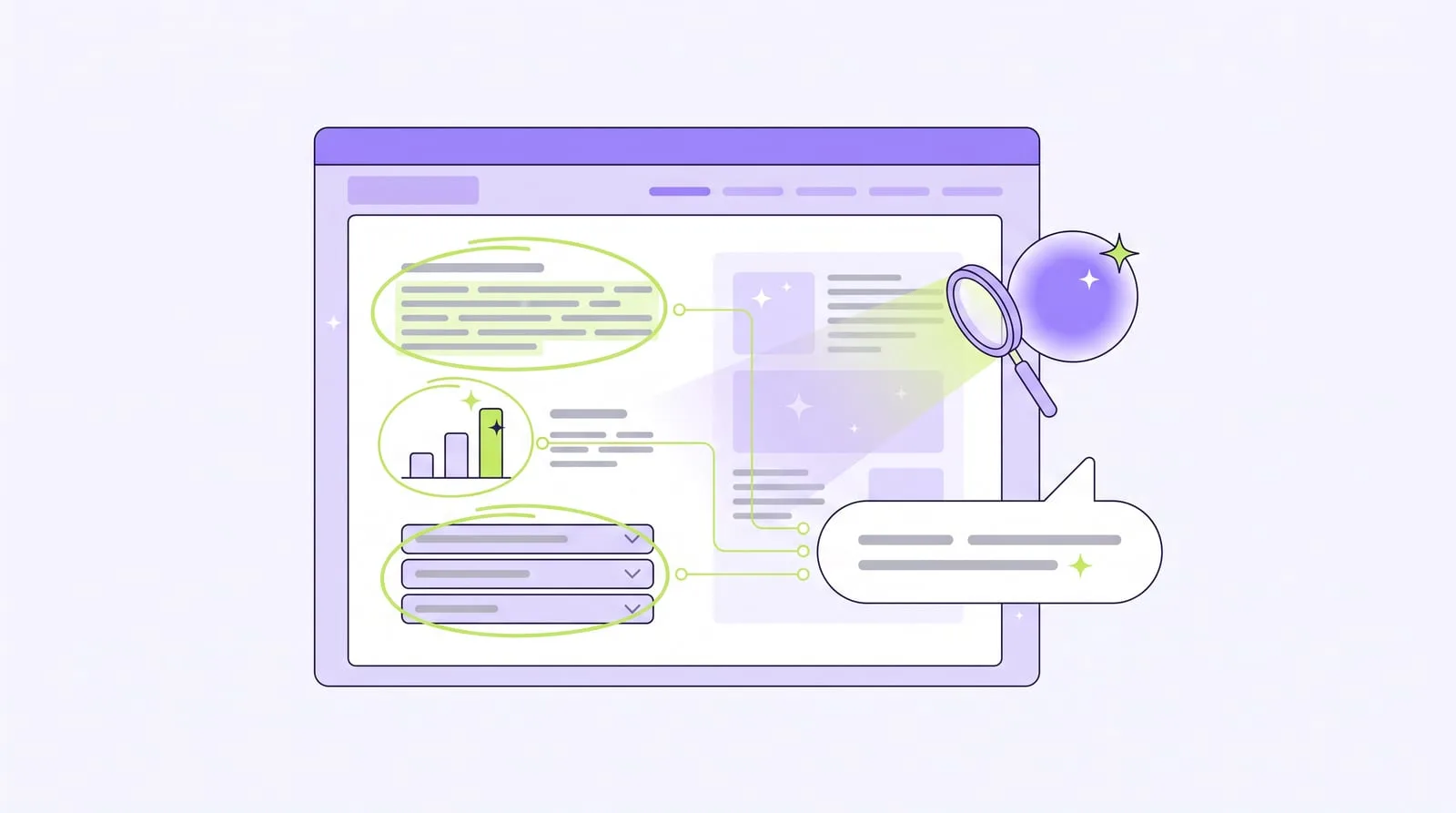 Illustration : une page web dont une définition, un graphique chiffré et une FAQ sont entourés, reliés par une loupe à une bulle de réponse d'IA