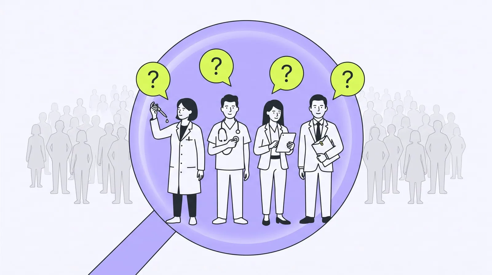 Illustration : une foule de silhouettes grises et, sous une lentille lavande, quatre personnes nettement dessinées, un chercheur, un clinicien, un acheteur et un investisseur, chacun avec une bulle de question