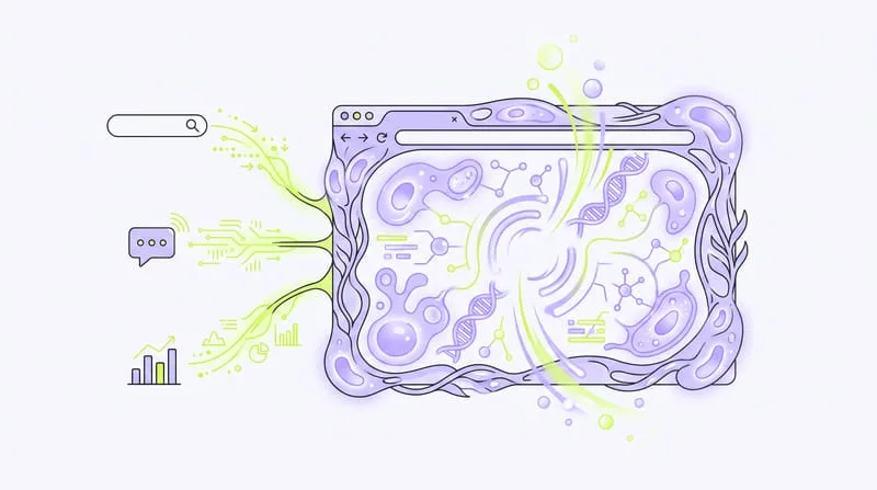 Illustration : le site web d'une biotech dessiné comme un organisme vivant, alimenté par des flux de données, une barre de recherche, un assistant IA et un graphique