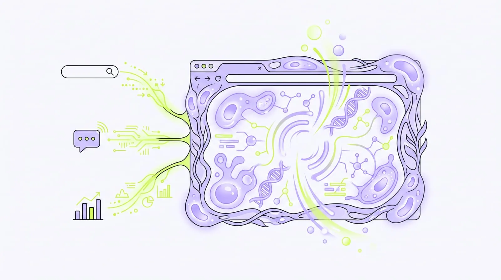 Illustration : le site web d'une biotech dessiné comme un organisme vivant, alimenté par des flux de données, une barre de recherche, un assistant IA et un graphique
