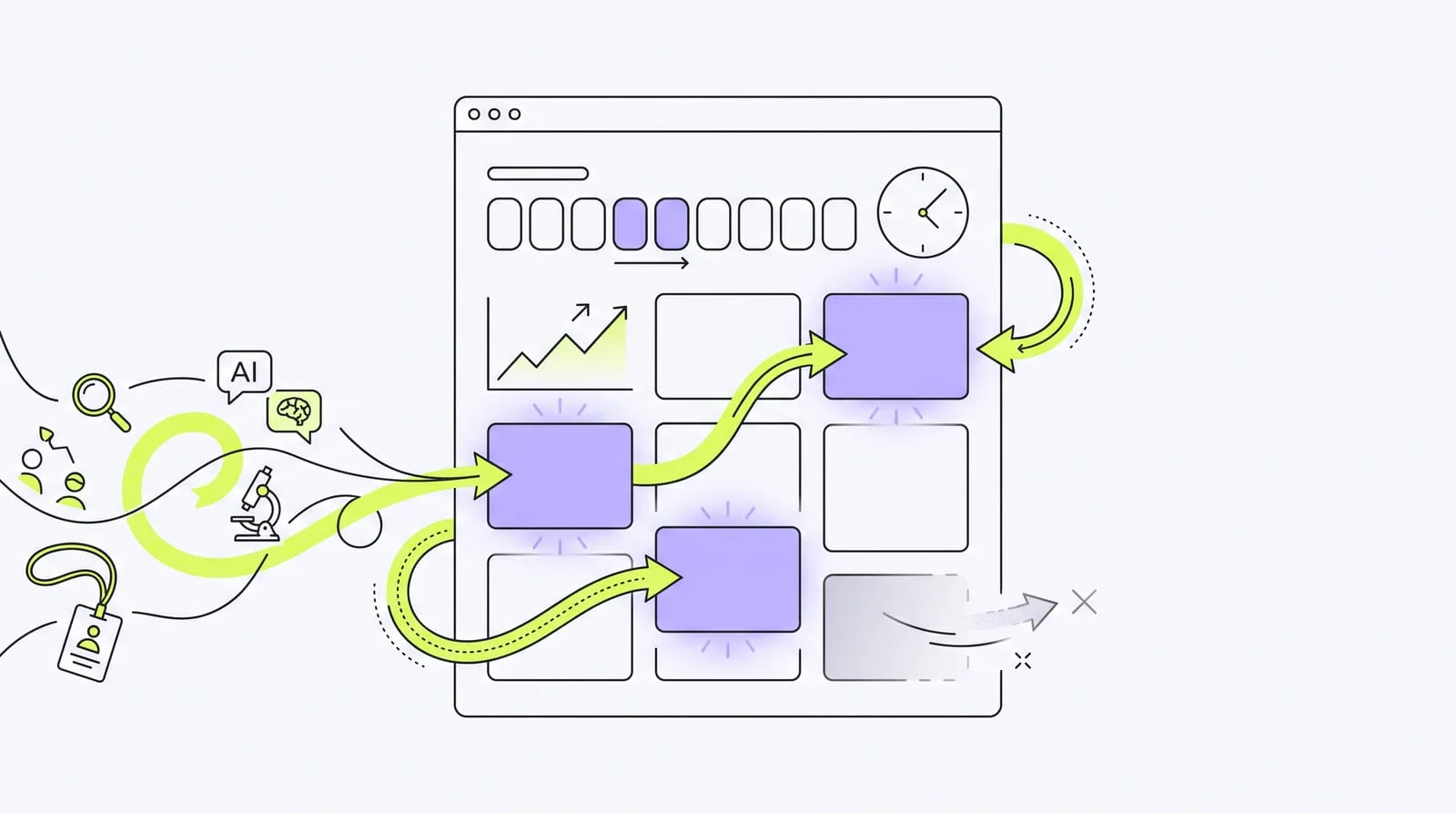 Illustration : une page web tableau de bord qui se met à jour, avec un calendrier, une courbe qui monte, des flèches vert citron qui ramènent les données dans la page et des blocs fraîchement surlignés en lavande