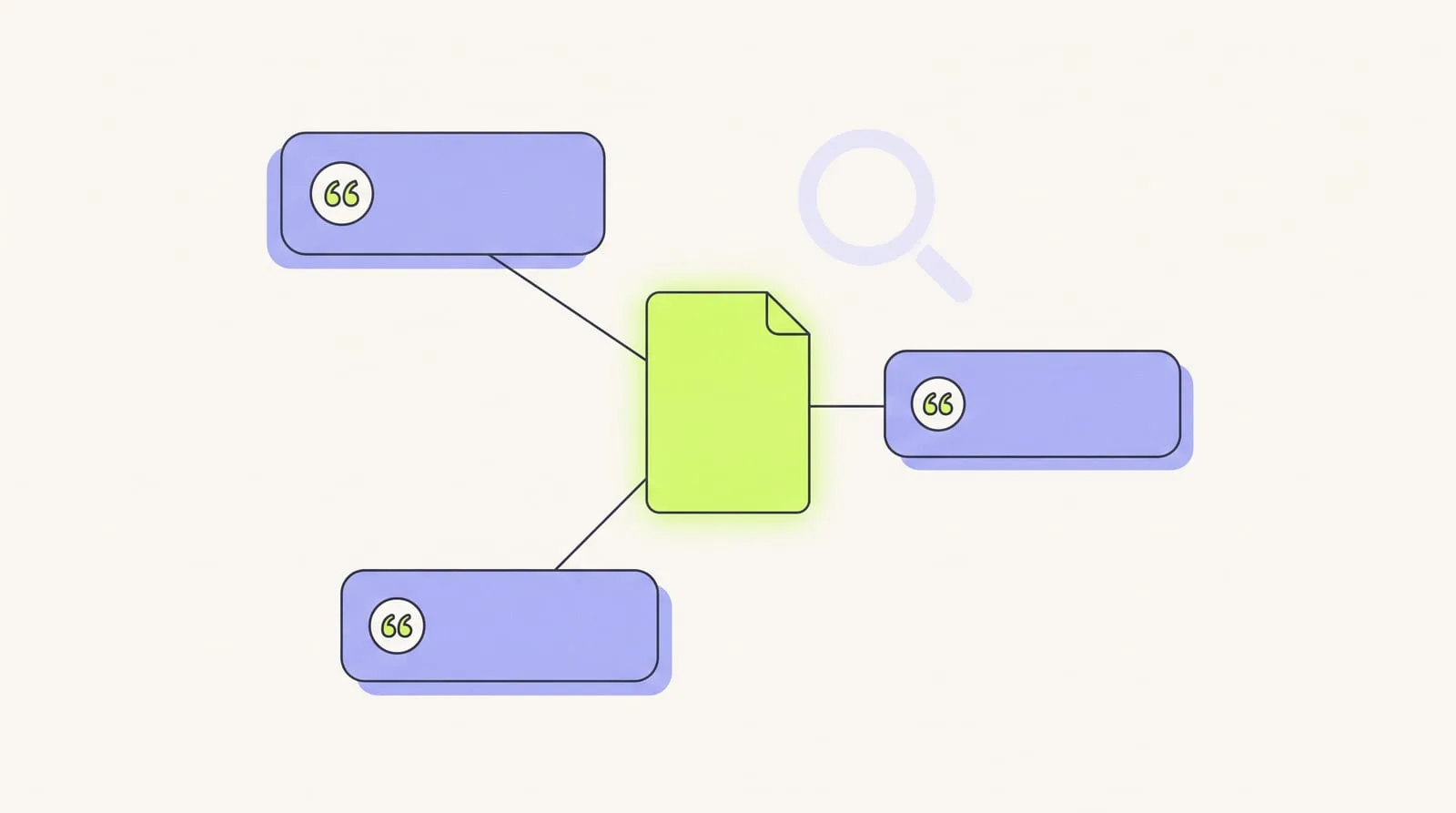 Illustration : trois fenêtres d'assistants IA citent le même document source mis en évidence, une loupe de recherche en arrière-plan
