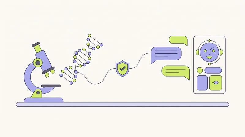 Illustration : la paillasse d'un laboratoire se prolonge dans une interface numérique, avec une hélice d'ADN, un assistant IA et un bouclier de conformité