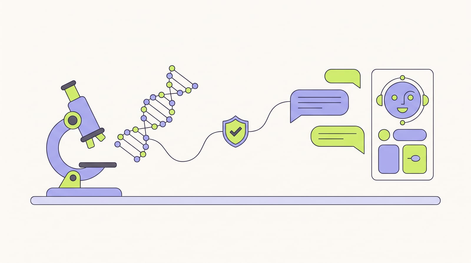 Illustration: a lab bench extends into a digital interface, with a DNA helix, an AI assistant and a compliance shield