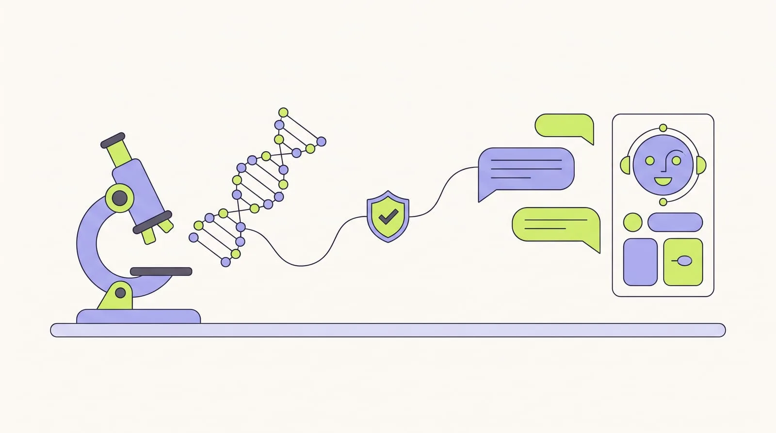 Illustration : la paillasse d'un laboratoire se prolonge dans une interface numérique, avec une hélice d'ADN, un assistant IA et un bouclier de conformité