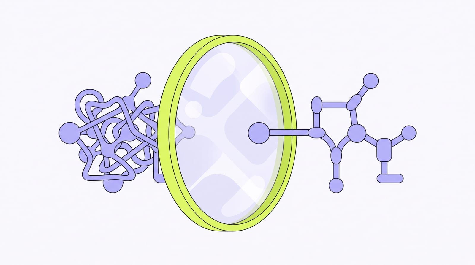 Illustration: a complex molecule becomes, through a lens, a simple readable diagram without losing its structure