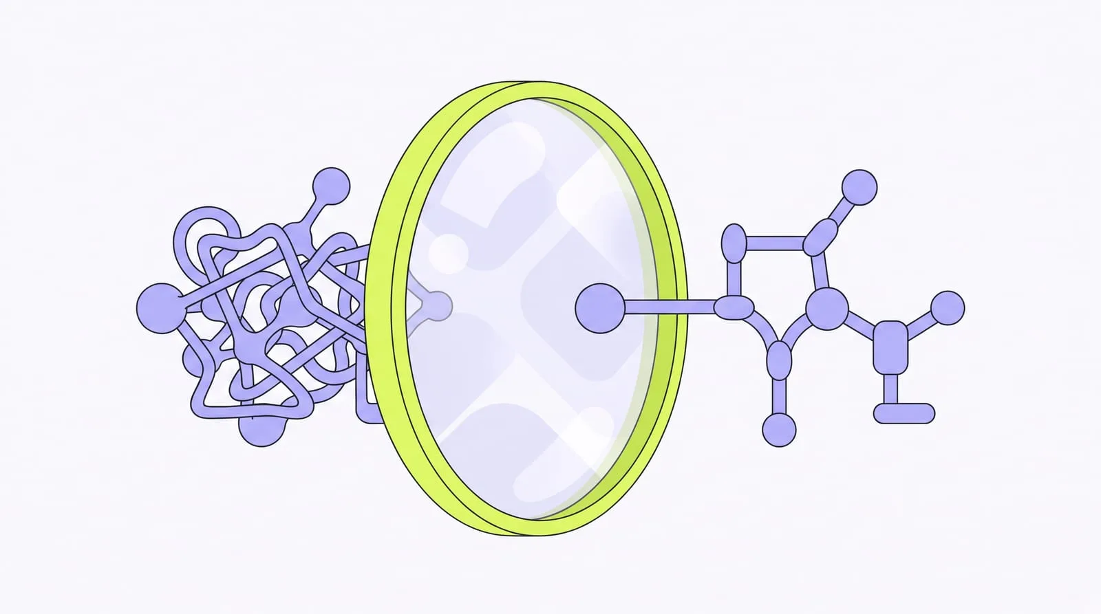 Illustration : une molécule complexe devient, à travers une lentille, un schéma simple et lisible sans perdre sa structure