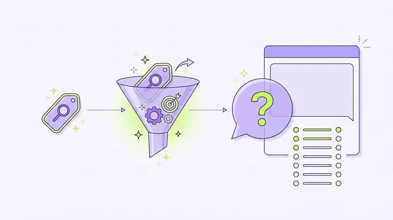 Illustration : une étiquette de mot-clé passe dans un entonnoir de réglages et ressort en bulle de question, face à une fenêtre de réponse qui affiche une liste