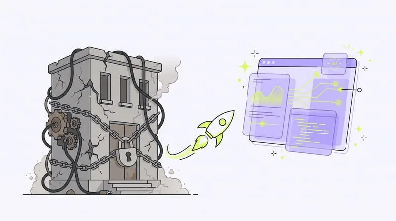 Illustration : à gauche un site web lourd dessiné comme un bâtiment de pierre encombré de câbles et d'engrenages, à droite un site léger et vivant, fenêtre de verre alimentée par des flux de données et des étincelles d'IA