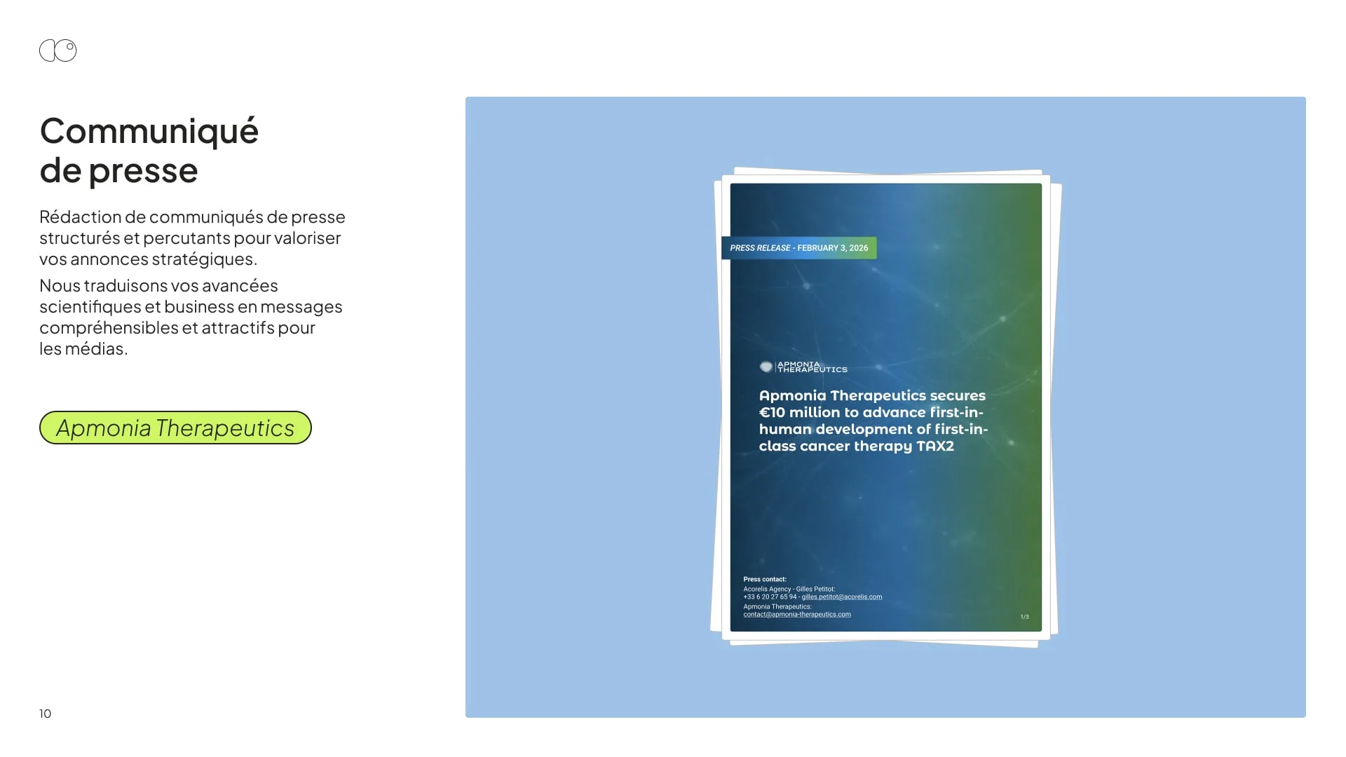 Portfolio DigiObs, page 10 : Communiqué de presse (Apmonia Therapeutics)